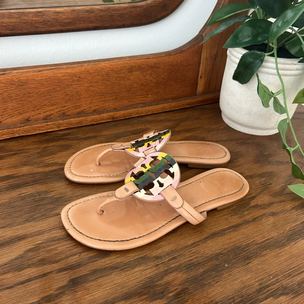 Tory Burch Tan Leather Sandal with Pink Yellow Green Logo Medallion Size-7